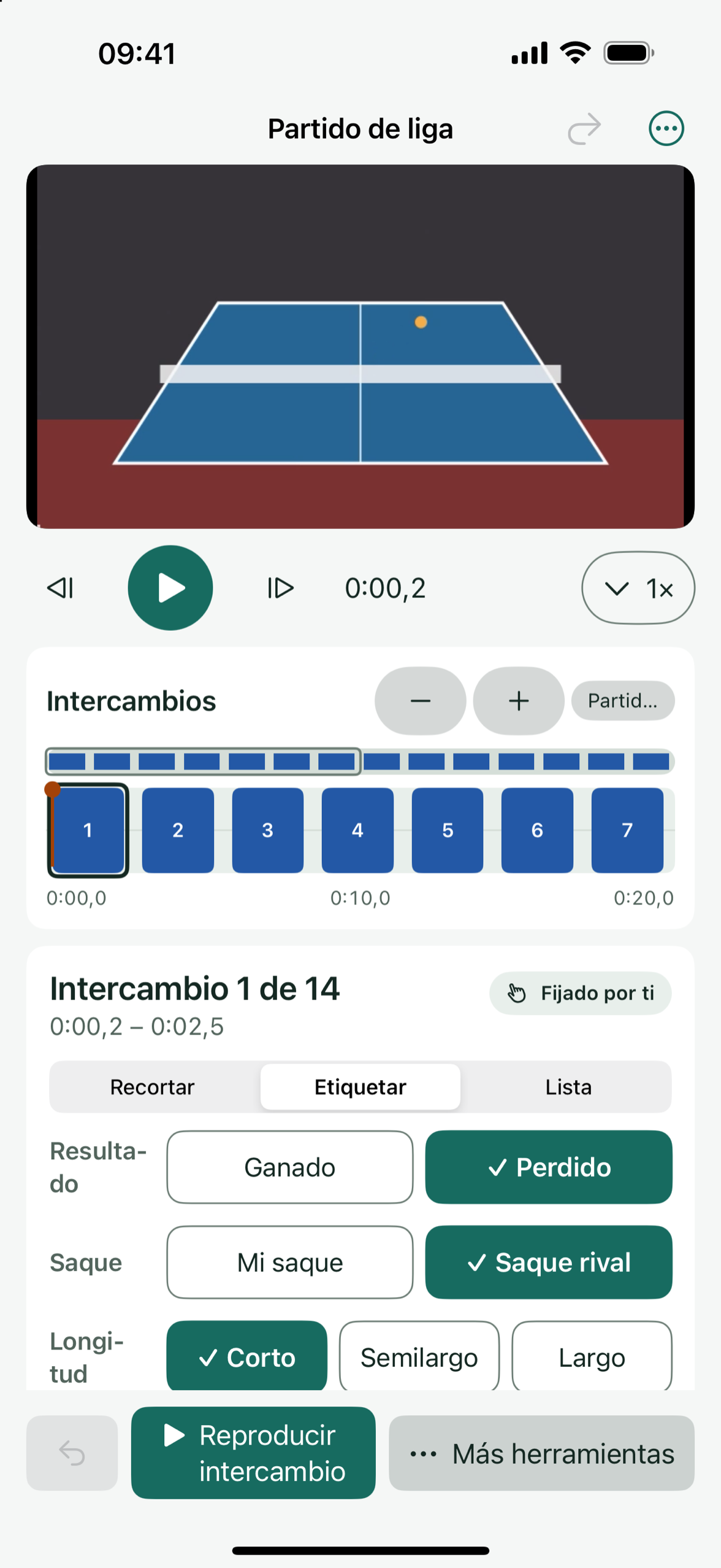 Las etiquetas de un intercambio en Patemo: resultado, quién saca, longitud del saque, fase y final.
