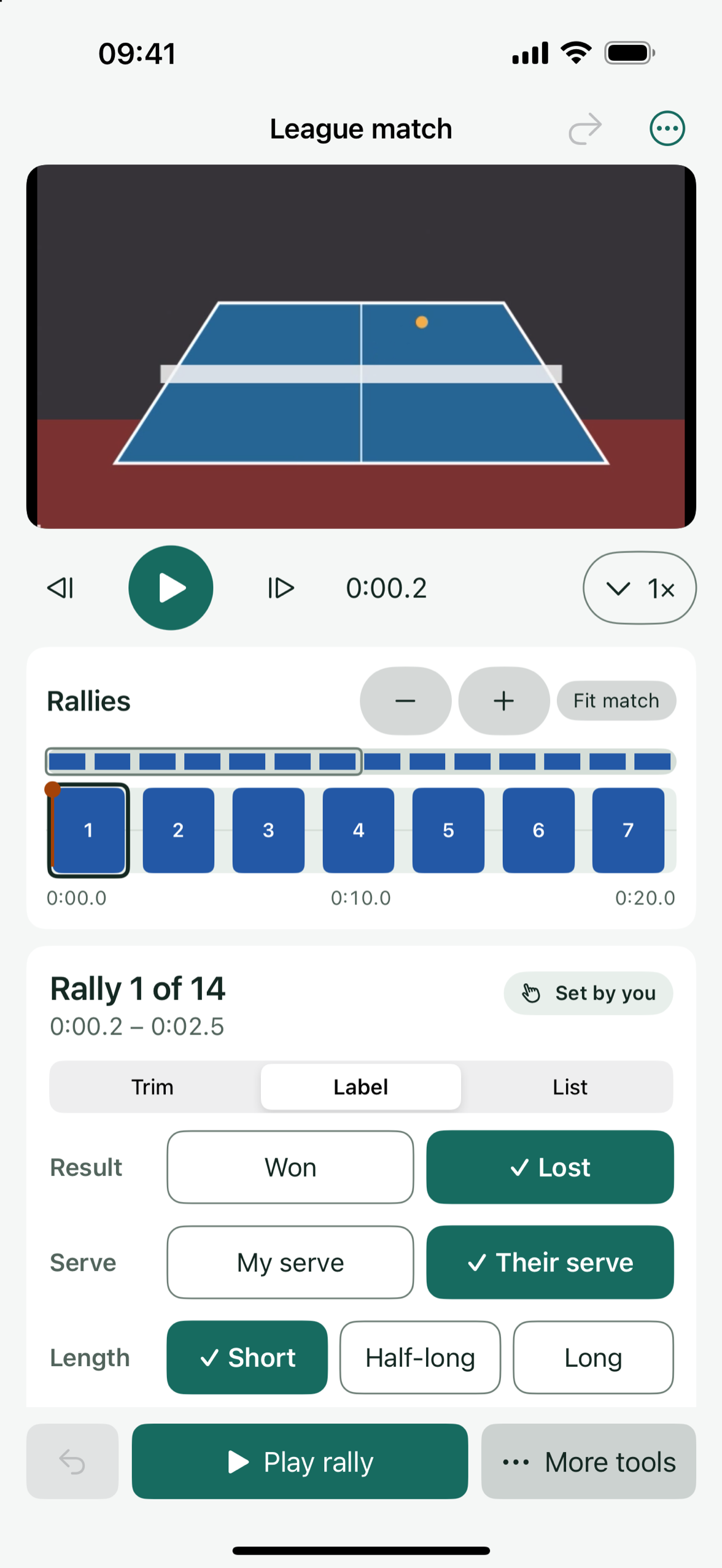 The point labels on a rally in Patemo: result, server, serve length, phase and ending.