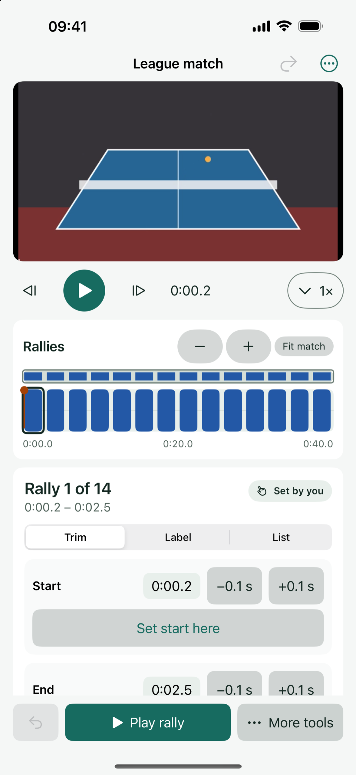 The Patemo review screen with the match video, a timeline of rallies and the tools to trim, split and join them.